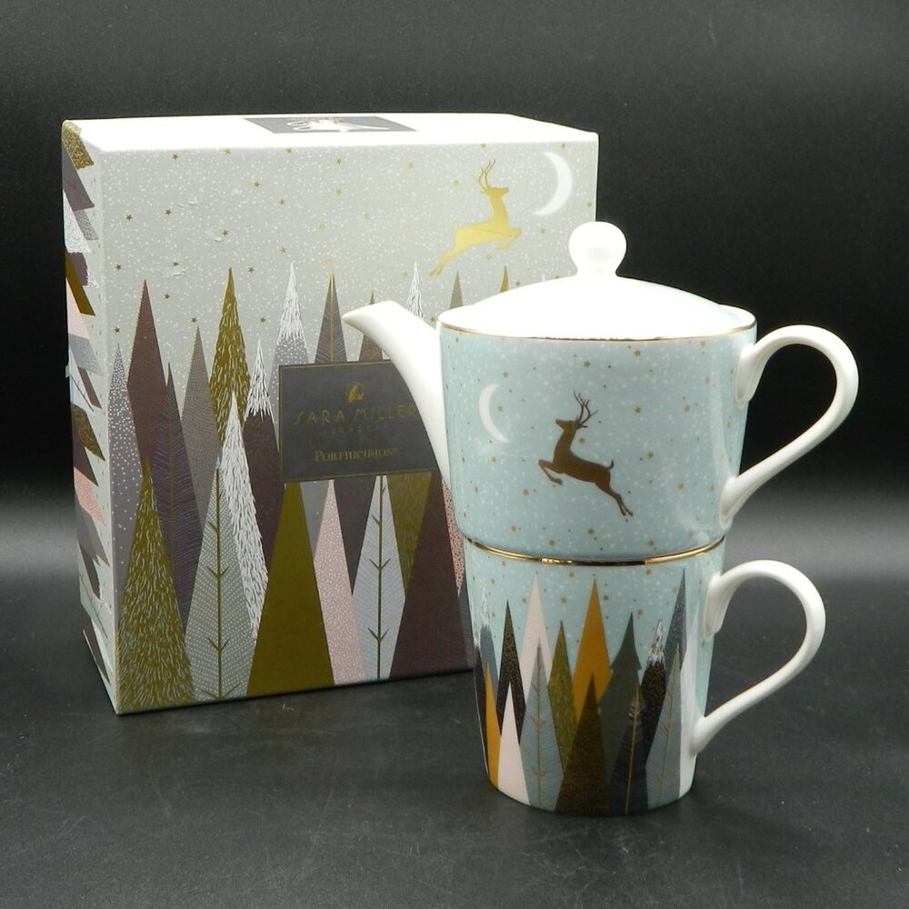 Portmeirion Sara Miller London Tea for One, 12oz Frosted Pines Blue Teapot & Cup